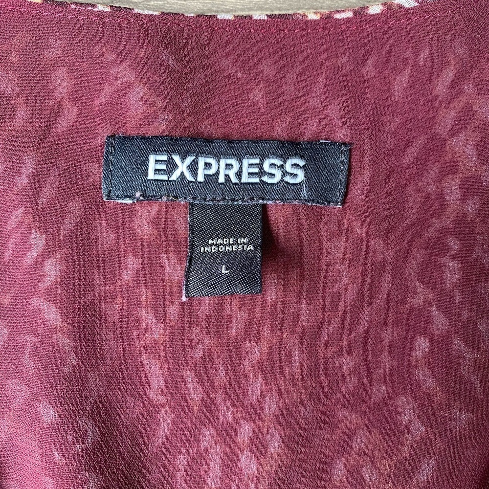 EXPRESS Women's Size L Smocked Blouse Burgundy Ruffle V-Neck - Picture 8 of 11